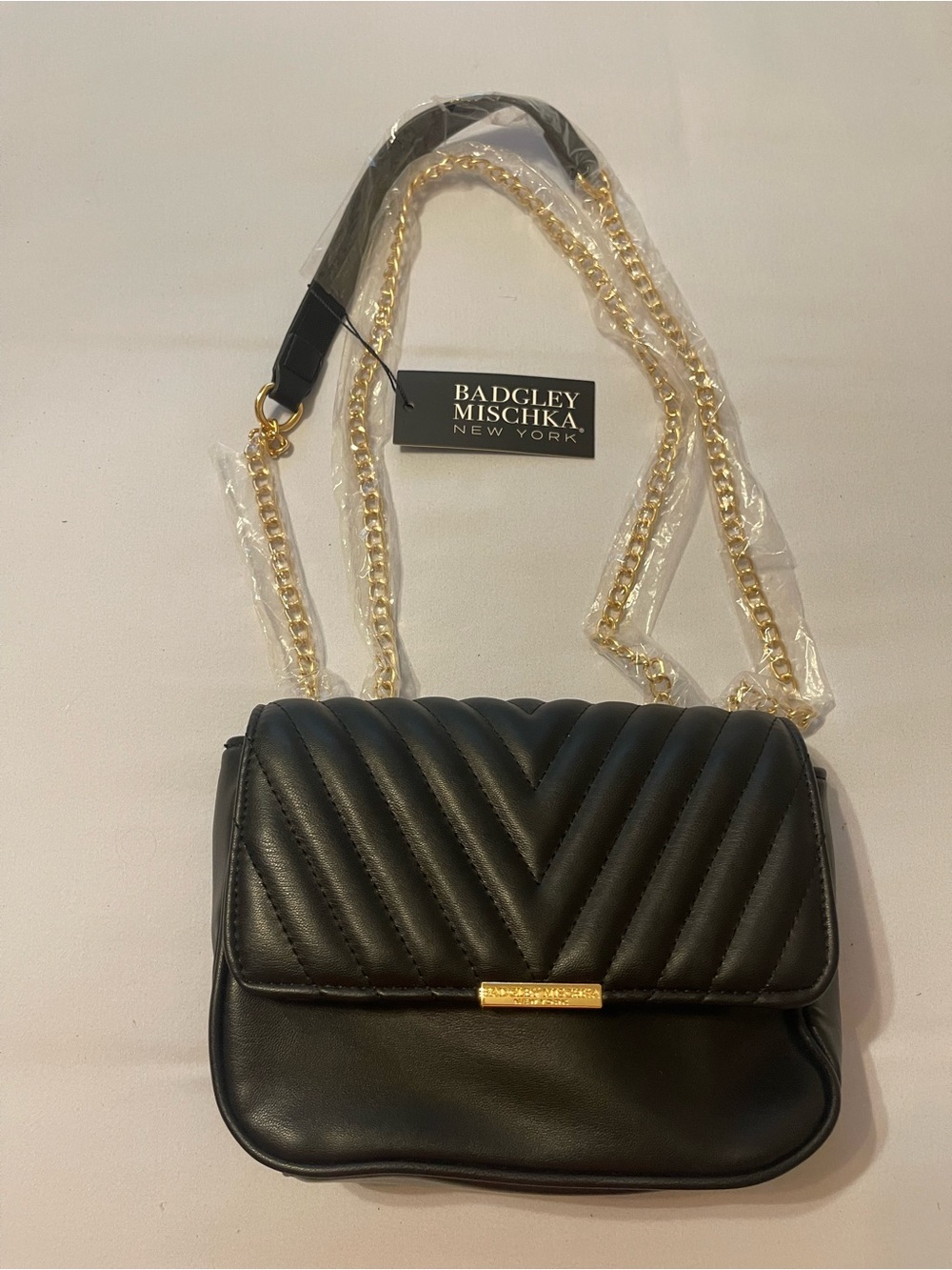 Badgley Mischka Black Quilted Crossbody with Gold Chain